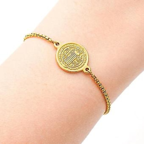 Armbånd i rustfrit stål med Sankt Benedikts medalje Metal San Benito Armbånd Justerbar boks kæde Bohemia Armbånd (guld st charme)