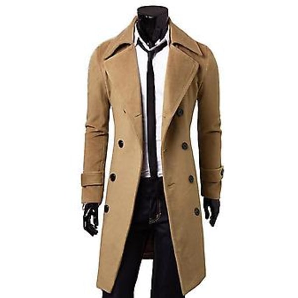 Fianao Lang Trenchcoat Dobbeltbrystet Ensfarvet Efterår Vinter Vindtæt Tyk Jakke (4XL Khaki)