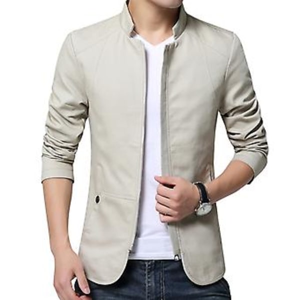 Fianao Casual Mænds Efterår Ensfarvet Stående Krave Lynlås Lommer Tynd Slank Blazer Frakke (XXXL Beige)