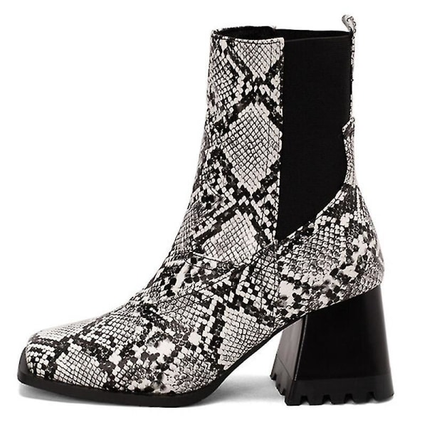 Women Walking Fashion Dress Shoes Casual Animal Print Chunky Heeled Boots High Heels Snake Pattern EU 41