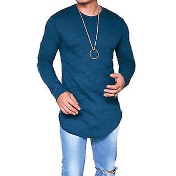 Miesten pitkähihainen yksivärinen T-paita, slim fit, pitkä malli, korkealaatuinen (L Sininen)
