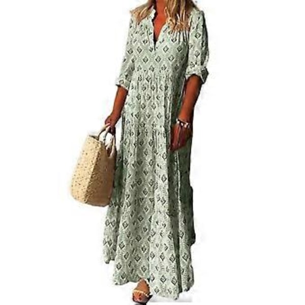 Maxikjole Charmerende Standkrave Blød Lang Kjole Casual Løs Boho Print Maxikjole Maxikjole Streetwear (M grøn)