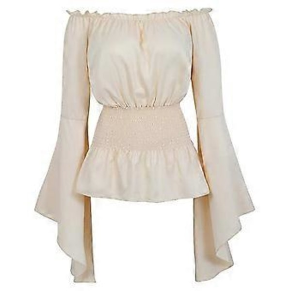 Kvinners renessansebluse, enkel elastisk midje, topper, middelaldersk viktoriansk, off shoulder, langærmet skjorte, pirat cosplay-kostyme (L Beige)