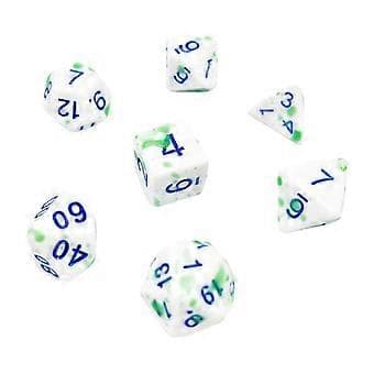 7 stk. farveskiftende terninger D4 D6 D8 D10 D12 D20 akryl rollespil (grøn prik)