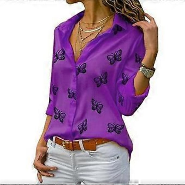 Dame Sommerfugl Print Skjorte Nedadvendt Krave Knap Chiffon Bluser Plus Størrelse Langærmede Toppe (XXL lilla)