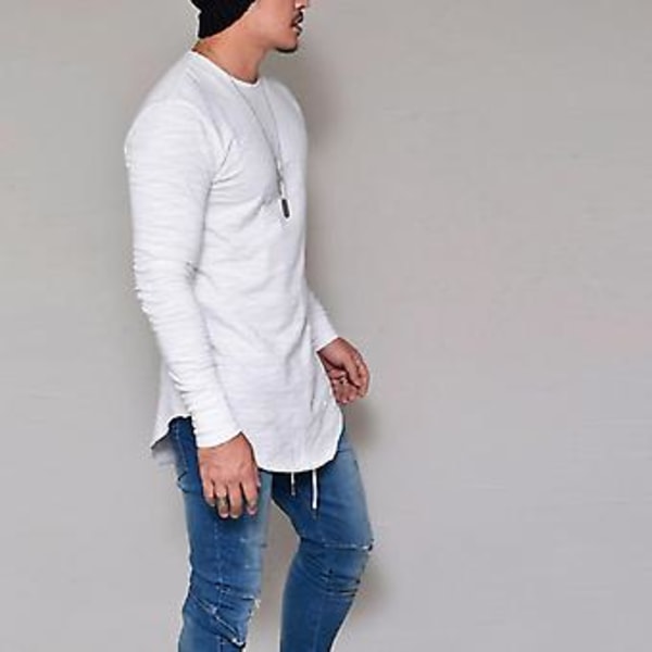 Miesten pitkähihainen yksivärinen T-paita, slim fit, pitkä malli, korkealaatuinen (M valkoinen)