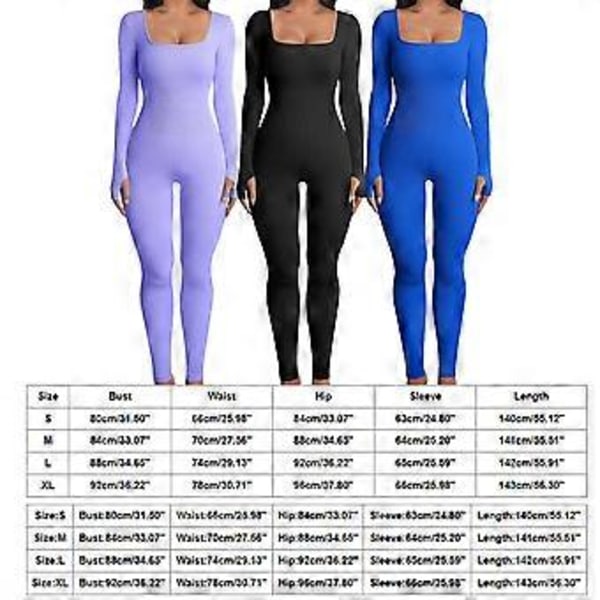 Ribstrikket Bodycon Jumpsuit Flerfarvet Ensfarvet Polyester Lange Ærmer Til Træning Sport Yoga Firkantet Hals (L Blå)