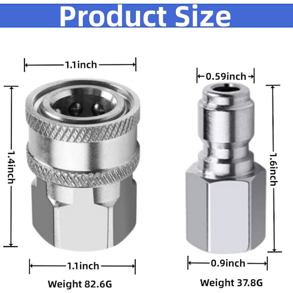 2 sarjaa NPT 3/8 tuuman ruostumattomasta teräksestä valmistettuja uros- ja naaraspainepesurin pikaliittimiä