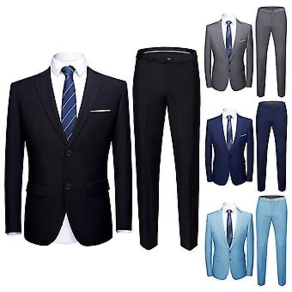 1 Sæt Blazer Bukser Ensfarvet Nedklappelig Krave Langærmet Slim Fit To Knapper Formelle Dragt Banket Prom (XL Sort)