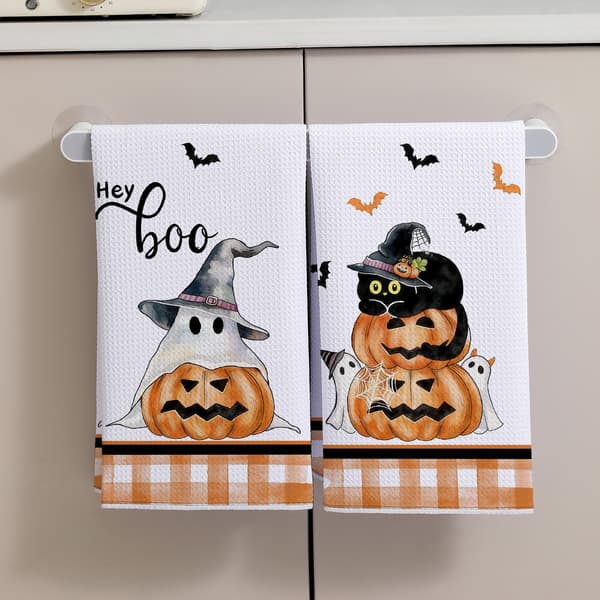 Halloween Spøgelse Græskar Køkkenhåndklæder, Festlige Trykte Vaffelviskestykker, Sæt med 2