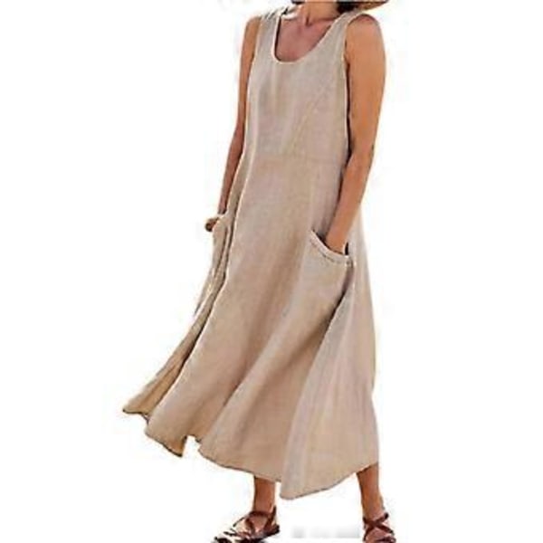 Ärmlös bomullslinneklänning för dam med fickor, bohemisk strandklänning (XL Khaki)