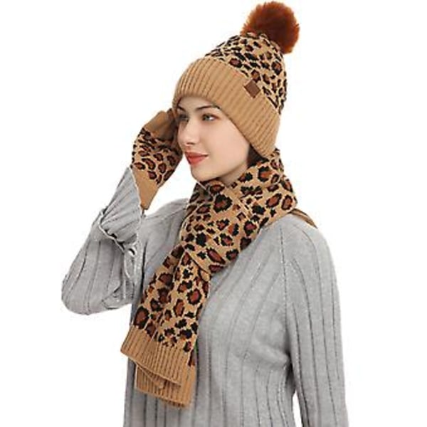 Vinterlue Beanie-lue med Leopardmønster, Langt Halsduk og Berøringsfølsomme Hansker for Kvinner
