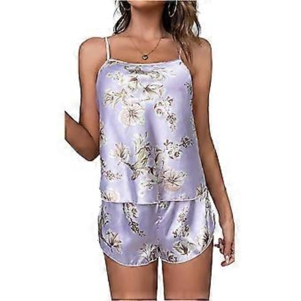 2-delad Satinpyjamas för Kvinnor, Sexig Slingtopp och Elastiska Shorts, Blommigt Tryck, Nattkläder (L Ljuslila)