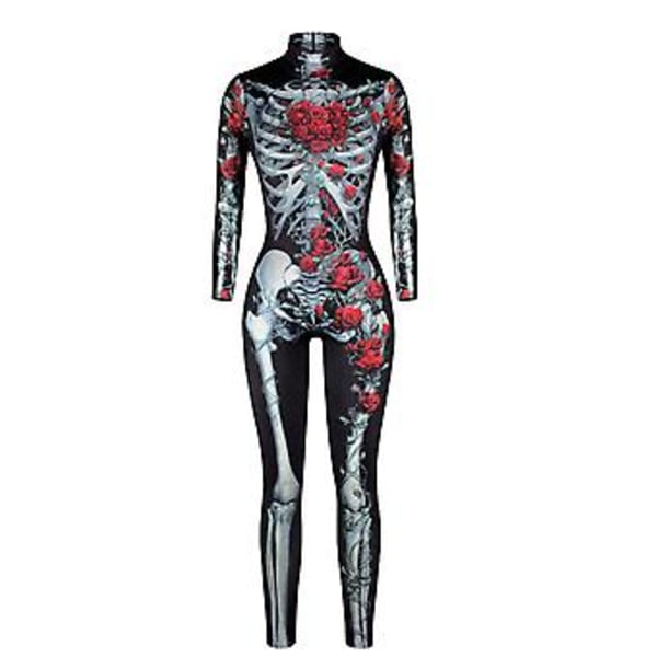 Dame Full Body Skull Skeleton Cosplay Kostume Jumpsuit Bodysuit Playsuit Fancy Dress Til Halloween Party (XL)