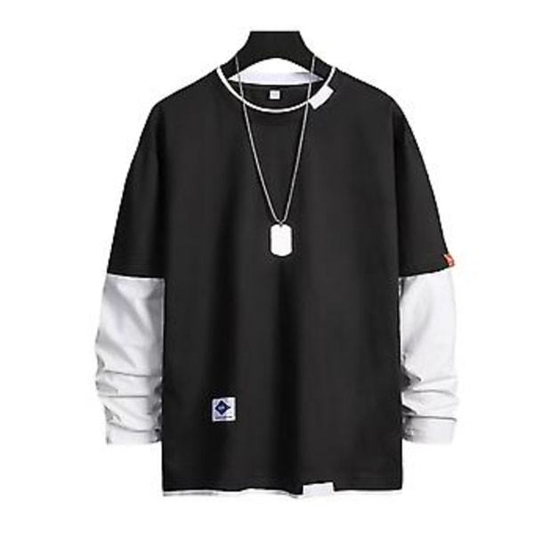 Mænd Forår T-shirt Falsk Todelt Rundhals Langærmet Løstsiddende Trøje Hold Varmt Kontrastfarve Hudvenlig Mænd Top Mænd Tøj (3XL Sort)
