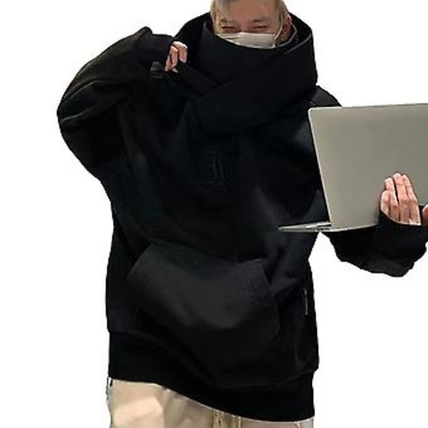 Hettegenser for menn, ensfarget, med hette, lange ermer, tykk, kuldebestandig, høy hals, hiphop, høstgenser for dating (2XL svart)