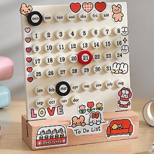 Kreativitets Trærunde Ringe Kalender DIY Personlig Ferrule Kalender Ornament til Hjem Soveværelse (Rød)