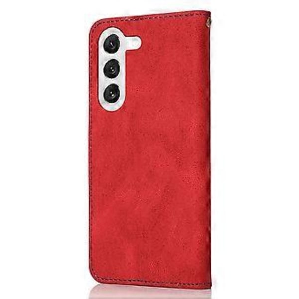 Cover i læder til Samsung Galaxy A26 5G med farvesplejsning, pung og stativ samt håndledsrem (Style E)