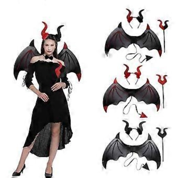 1 Set Halloween Djävulskostymset Djävulvinge Djävulspinne Djävulshorn Hårband Kostymtillbehör (A)
