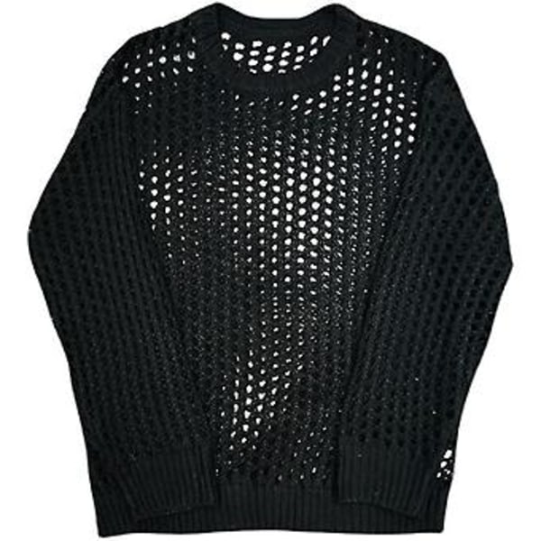 Herrarnas Hål Topp Mesh Fishnet Solid Färg Rund Hals Lös Långärmad Clubwear Hip Hop Genomskinlig Elastisk Tröja Party Topp (2XL Svart)