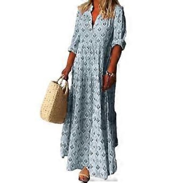Maxiklänning Charmig Ståkrage Mjuk Lång Klänning Casual Lös Boho Tryck Maxiklänning Streetwear (2XL blå)