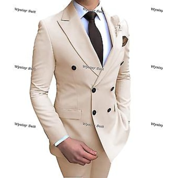 Herrar Dubbelknäppt Blazer Kostym 2 Delar Slim Fit Bröllop Brudgum Tuxedo Peak Lapel Formell Prom Kostymer (38 Beige)