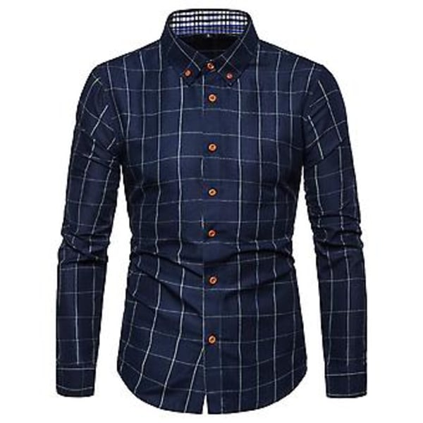 Herrar Skjorta Rutiga Tryck Långärmad Knappar Formell Enkelknäppt Varm Business Plus Size Höst Topp Man Kläder (2XL Marinblå)