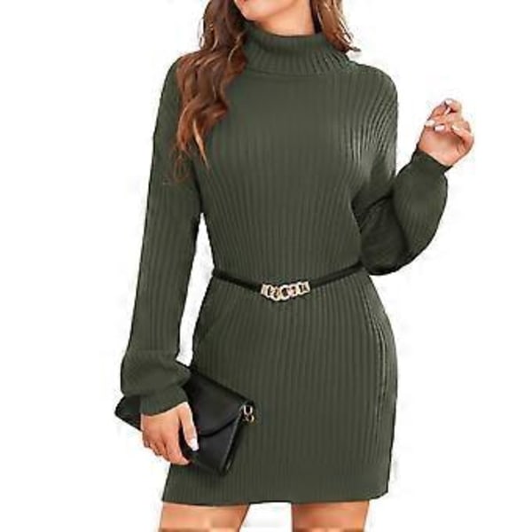 Kvinnors Turtleneck Stickad Klänning Höst Vinter Casual Lös Lång Puffärm Ribbstickad Pullover Klänning (XS OD Grön)