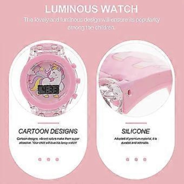 Unicorn Lysende Digital Klokke og Regnbue Armbåndsett for Barn