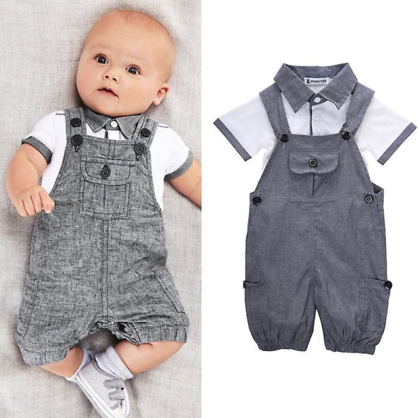 Baby Boy Clothes Summer Gentleman Suits Newborn Short Sleeve T Shirt + Belt Pants Infant Toddler Overall Set 100cm