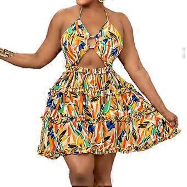 Dame Print Kjole Funky Halterneck Ærmeløs Stropløs Udskåret Rygløs Club Party Slip Mini Kjole (L)