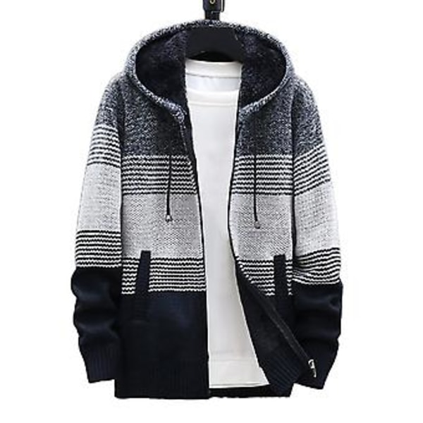 Fianao Herrar Stickad Kavaj Färgblock Huva Höst Vinter Tjock Plysch Varm Cardigan Tröja (M Mörkgrå)