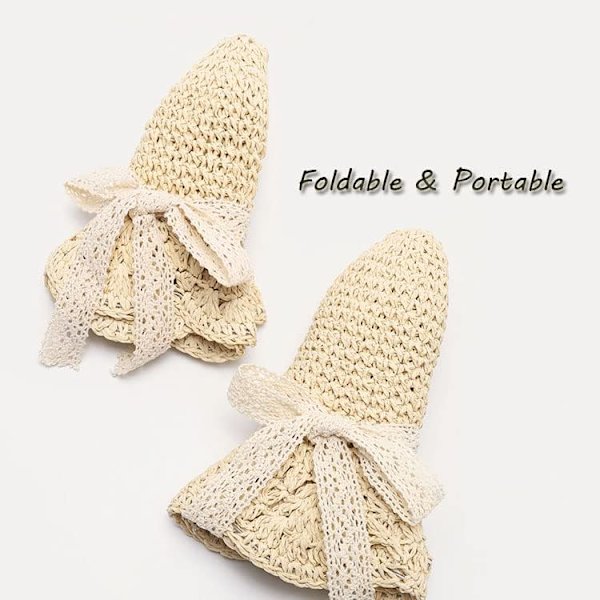 Baby Girl Summer Straw Hat with Lace Bow and Foldable Wide Brim S