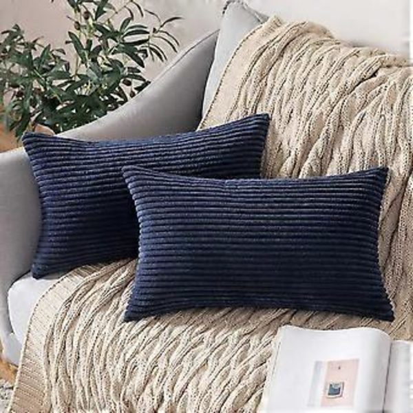 Pakke med 2 Corduroy Putetrekk 12 x 20 Tommer Lumbar Putetrekk Mørkeblå Putevar til Sofa Soverom Setteplass