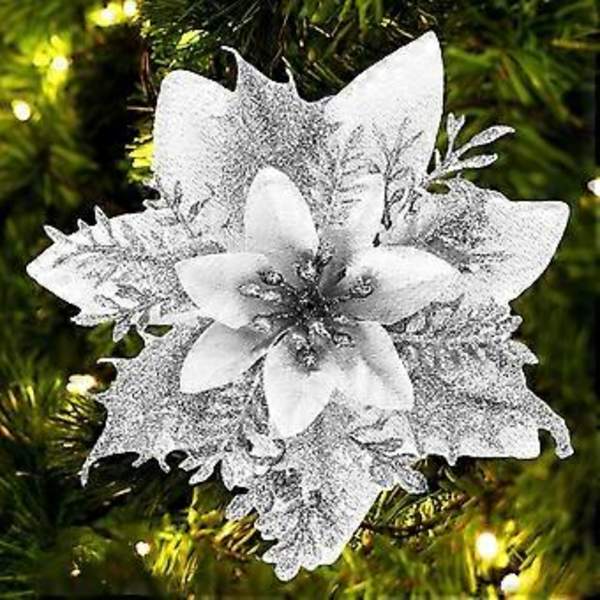 Juleblomster i kunstig julestjerne, glitter, julepynt, juleblomster, juletrær, kranser, nyttårsbryllup, festpynt (sølv)