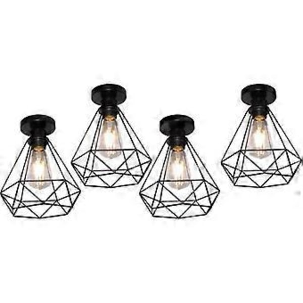 4 stk. Diamantformet industriel loftlampe E27 20,5 cm Pendel Lampe til stue Trappe Gang Sort