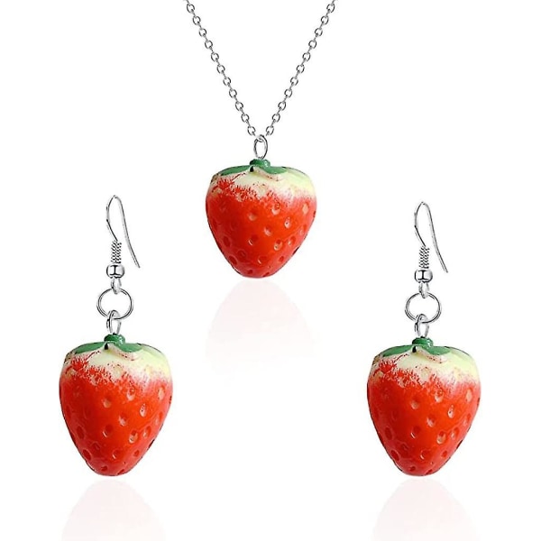 Red Green Leaf Strawberry Earings Pendant Necklace Suit For Women