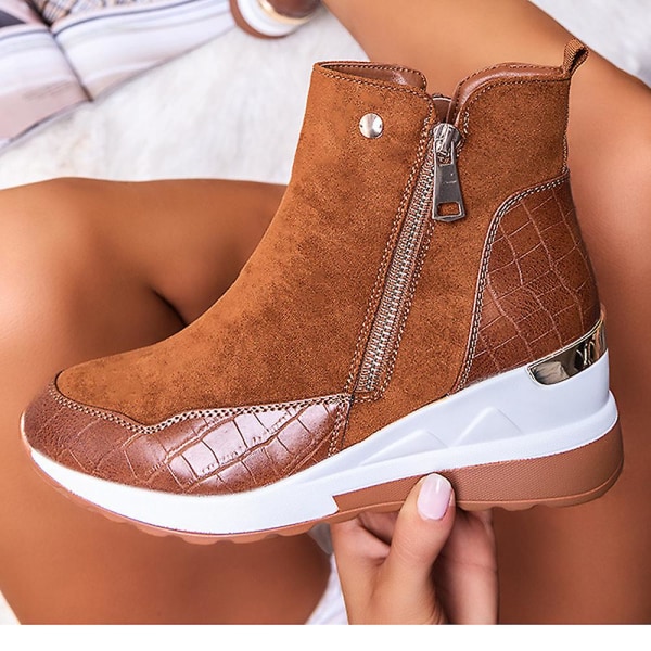 Women Wedge Ankle Boots Zip High Top Sneakers Trainers Shoes Brown 43
