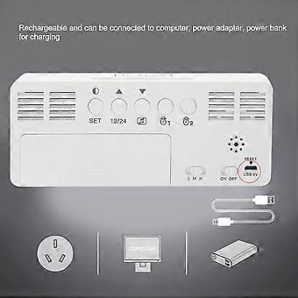 Multifunktionell USB-laddande Digital Musik Snooze Väckarklocka Bakgrundsbelysning Spegeldisplay Vit