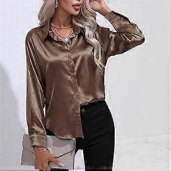 Forår Efterår Satin Bluse Imitation Silke Langærmet Skjorte til Dame Plus Size Løse Toppe (M mørk khaki)