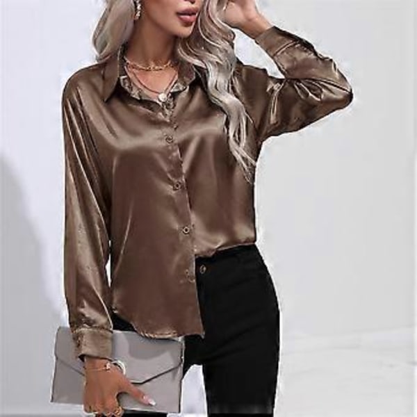 Vår Høst Sateng Bluse Imitert Silke Langermet Skjorte for Dame Plus Size Løse Topper (S mørk khaki)