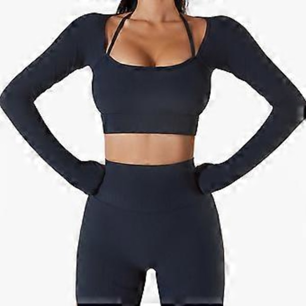 Naisen Joogapaita Fitness Crewneck Halter Neck Pitkähihainen Peukalonrei'illä Varustettu Treeniurheiluvaate Rinnuspehmusteella (XL Sininen)