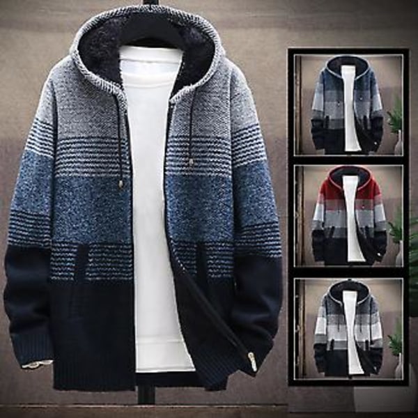 Fianao Herrar Stickad Kavaj Färgblock Huva Höst Vinter Tjock Plysch Varm Cardigan Tröja (4XL Blå Grå)