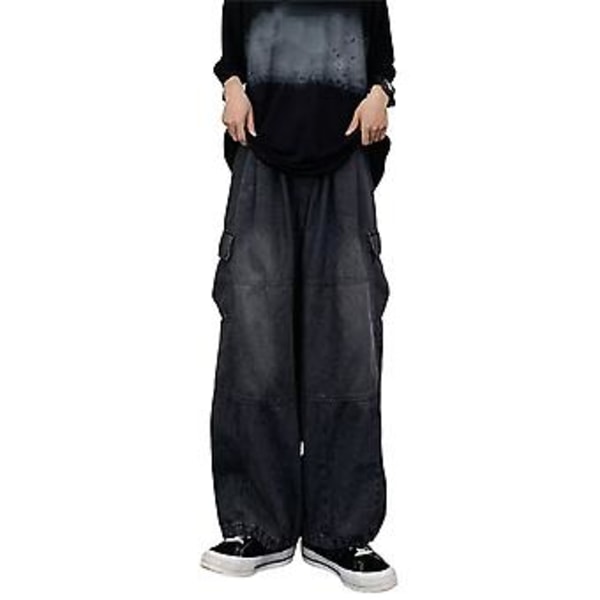 Mænds Løse Cargo Jeans med Flere Lommer Ensfarvet Lynlås Fly Løse Straight Wide Leg Bukser Efterår Denim Bukser Streetwear (S Sort)