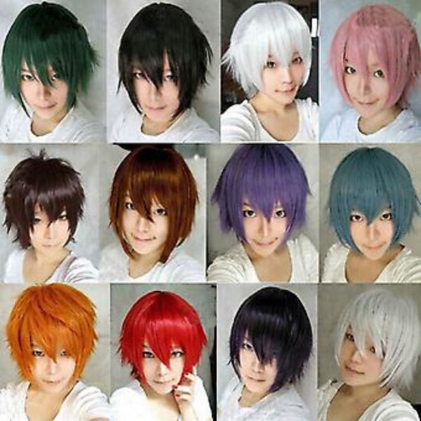 Peruk för cosplay, kort rak pojkstil, tecknad anime-fest, för män och kvinnor (rosa)