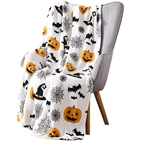 Haunted Halloween Fleece Tæppe: Edderkoppespind Heksehat Sorte Flagermus og Dekorerede Græskar Print på Blødt Fløjl F