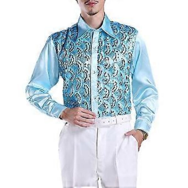 Luksuriøs skjorte med paljetter for menn, jakkeslag, lange ermer, enkeltspent, bryllupsskjorte for scene, slim fit, formell fritidsskjorte (2XL himmelblå)