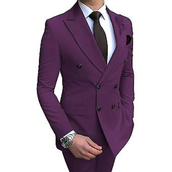Herre Dobbeltbrystet Blazer Suit 2 Dele Slim Fit Bryllup Brudgom Tuxedos Peak Lapel Formelle Prom Suits (52 Teal)