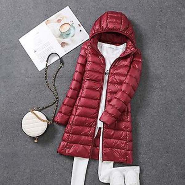 Vinterjacka för kvinnor, lång, smal passform, huva, varm jacka lämplig för möten med vänner (2XL Vinröd)