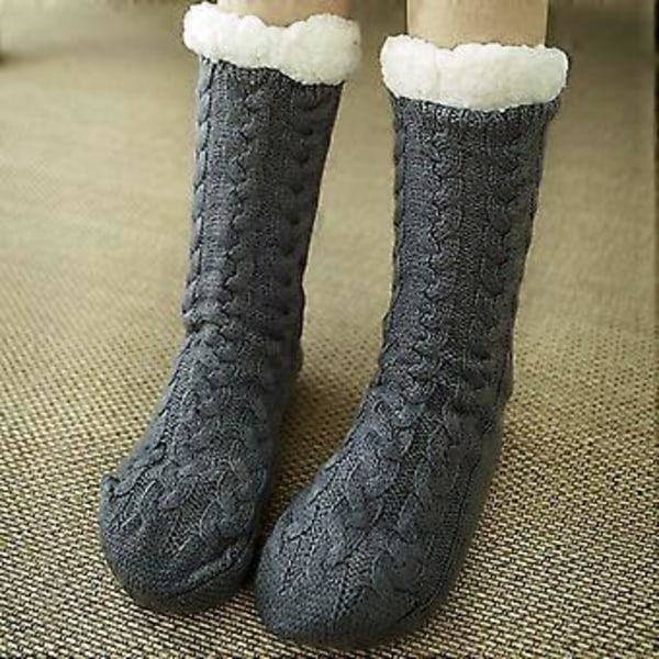 Dam Fleecefodrade Kabelstickade Sängstrumpor Vinter Varma Golvslippers Strumpor (Grå)